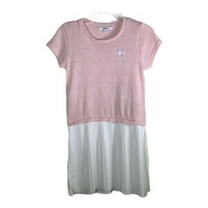 DKNY Dress Girls Size XL Kids Short Sleeve Knit Pleated Pink White Casual Easter